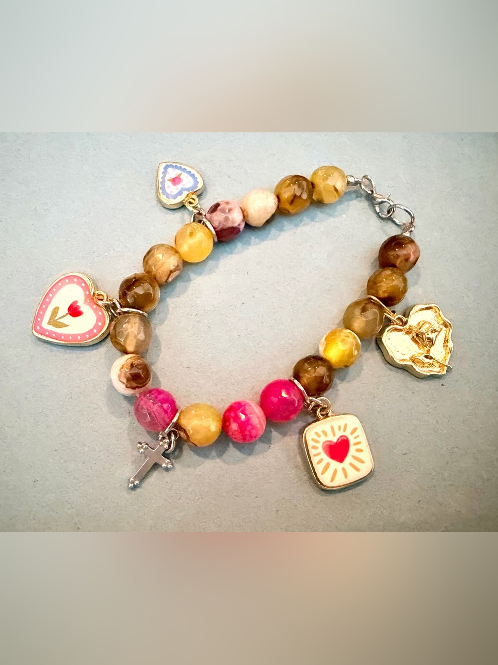Multicolor Heart & Cross Beaded Charm Bracelet - Pink, Yellow, Brown